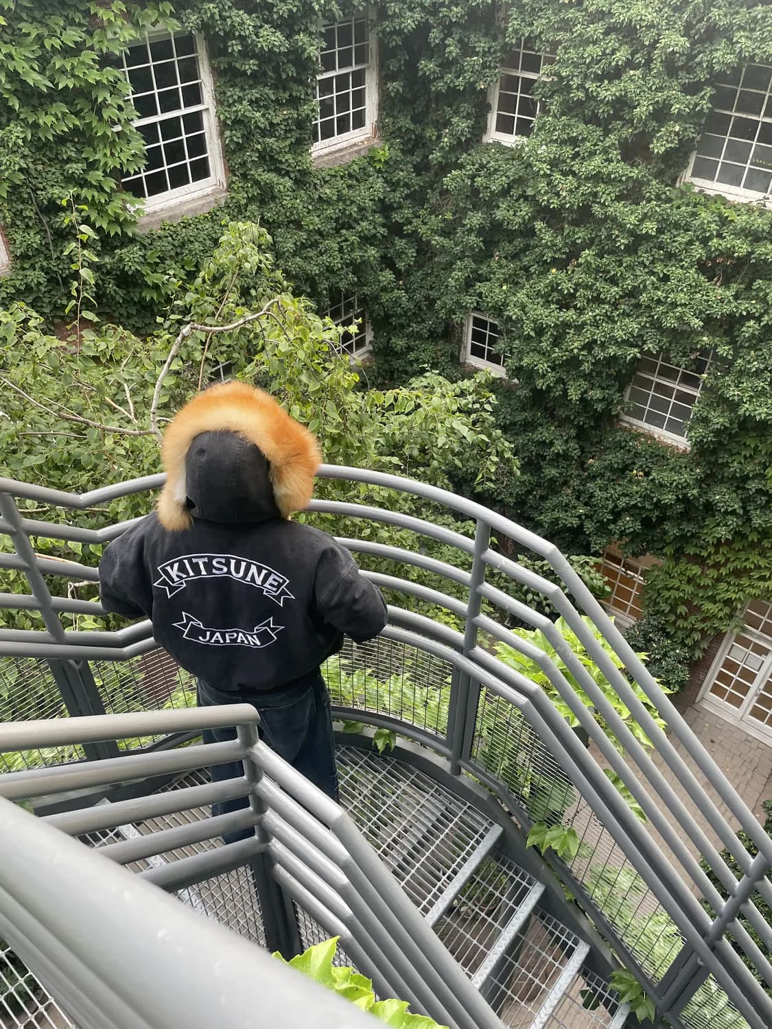 Kitsune Japan banners on the back of the jacket, shot on the High Line